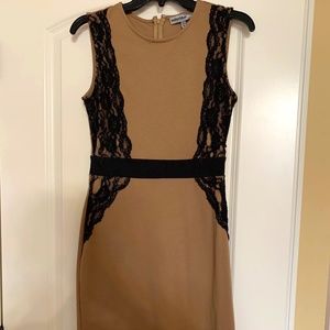 Tan Fitted Dress With Black Lace